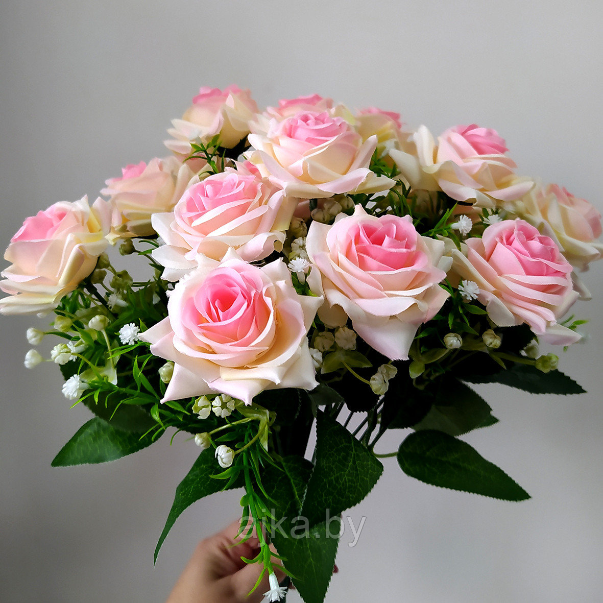Букет из искусственных роз с гипсофилой 18 голов, розовый - фото 1 - id-p225957747