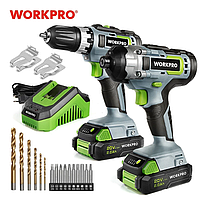 Дрель аккумуляторная WORKPRO 20V, 2 аккумулятора