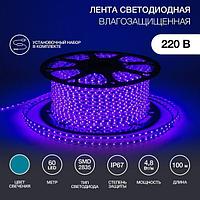 Лента светодиодная 220В, SMD2835, 4,8Вт/м, 60 LED/м, синий, 10х7мм, 100м, с кабелем питания, IP67 NE