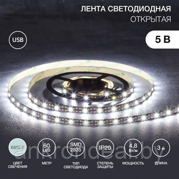 LED-лента с USB-коннектором 5 В, IP23, SMD 2835, 60 LED/м 3 м белый (6500 K) LAMPER - фото 1 - id-p208594685