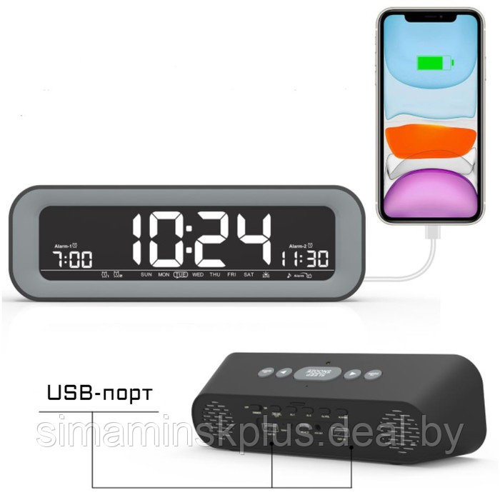 Часы электронные настольные, будильник, календарь, термометр, радио, колонка, от USB - фото 3 - id-p225969706