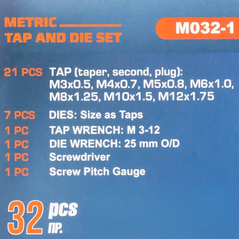 Набор метчиков и плашек, 32 пр (М3х0.5,М4х0.7,М5х0.8,М6х1.0,М8х1.25,М10х1.5,М12х1.75) в металлическом кейсе - фото 5 - id-p150809090