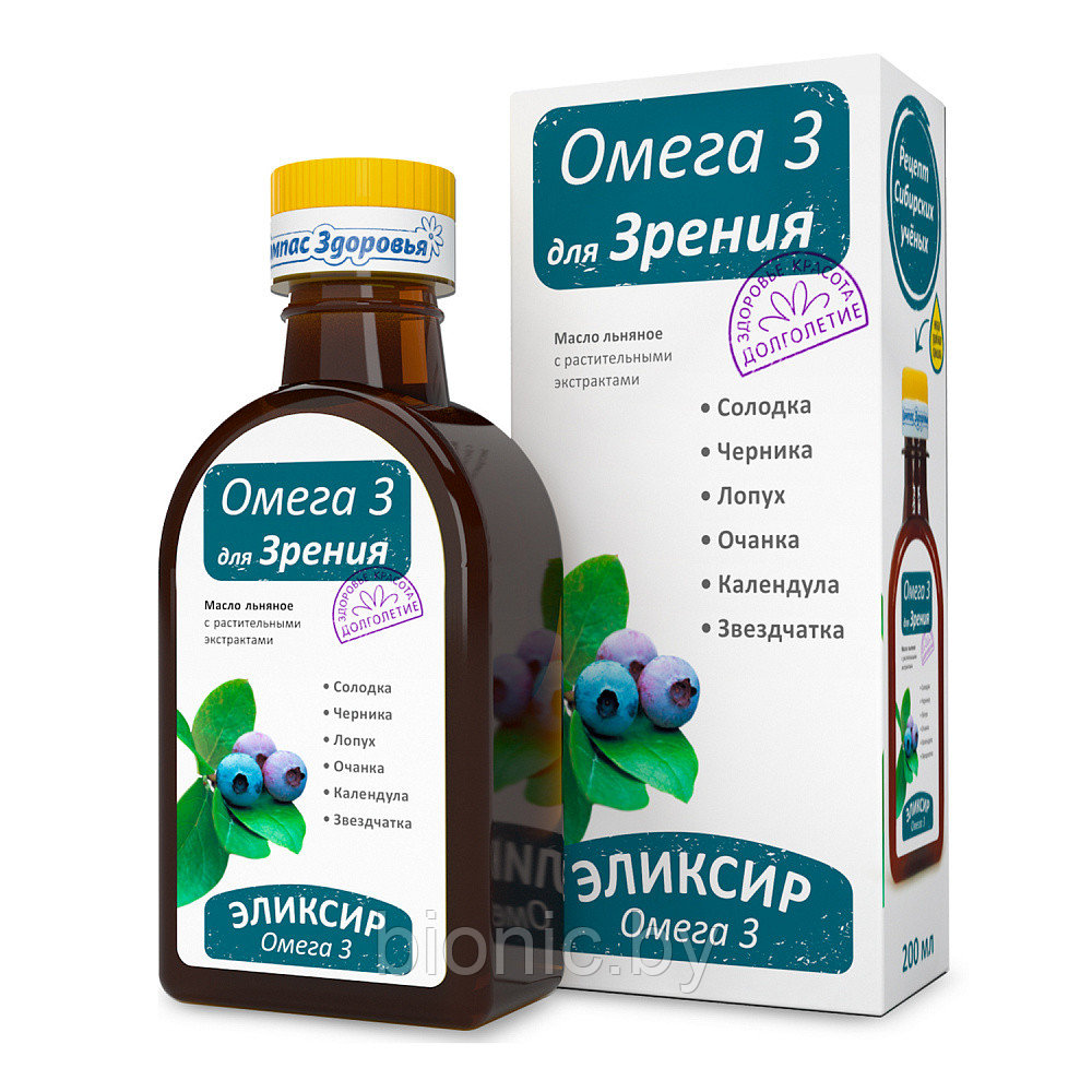 Масло льняное с раст. экстрактами "Омега-3 для Зрения", Компас здоровья, 200 мл