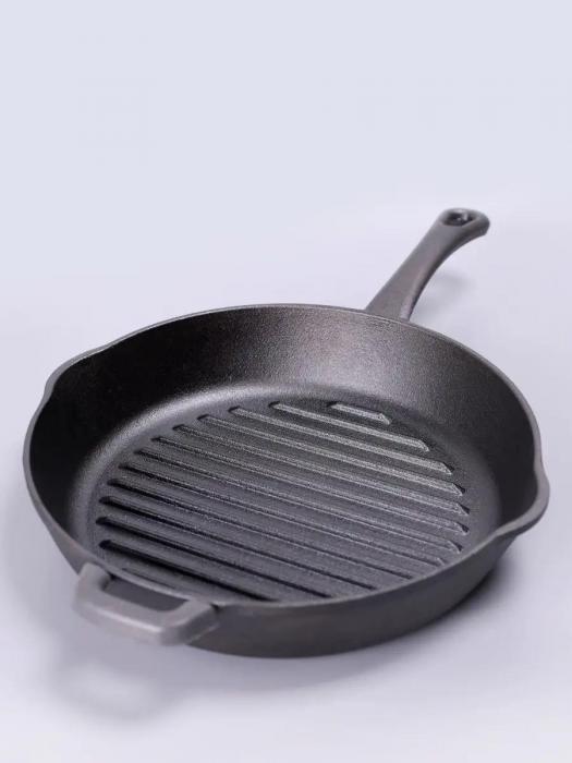Сковорода-гриль чугунная БИОЛ 28 см для индукционной газовой плиты индукции электроплиты костра стейков - фото 8 - id-p226075536
