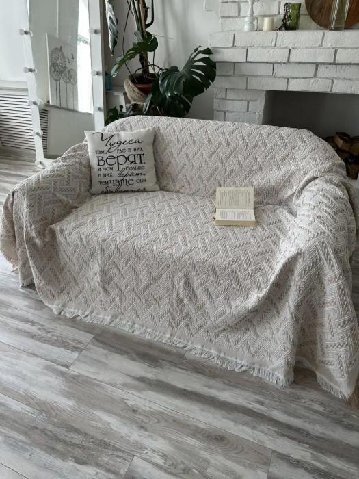 Комбинированное покрывало на кровать натуральное хлопковое 180x230 с бахромой вышивкой орнаментом бежевое - фото 3 - id-p226075548