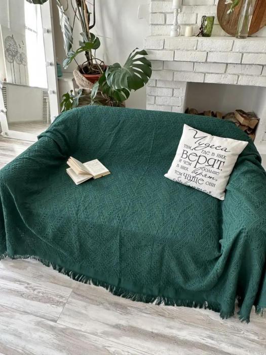 Комбинированное покрывало на кровать хлопковое 180x230 с бахромой вышивкой орнаментом изумрудное зеленое - фото 3 - id-p226076389