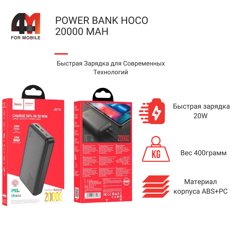 Power Bank Hoco 20000 mAh J87A, черного цвета - фото 1 - id-p226077195