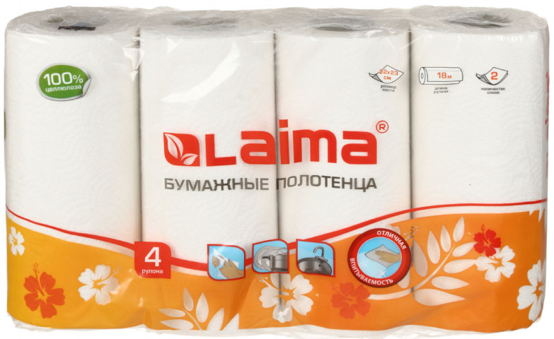 Полотенца бумажные Laima (в рулоне) 4 рулона, ширина 215 мм, белые - фото 1 - id-p225960680