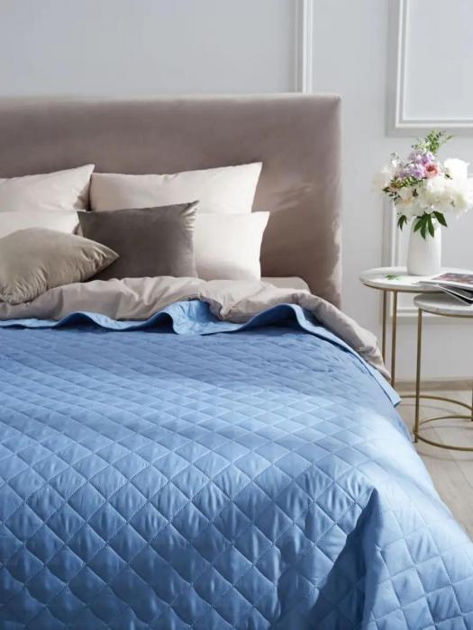 Покрывало стеганое на кровать 210x240 евро голубое однотонное двусторонее плед одеяло из бязи геометрия - фото 4 - id-p225926429