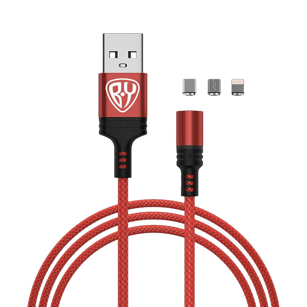 Кабель для зарядки BY "Магнитный" 3 в 1, iP/Micro USB/Type-C, красный, 2.1А, 1 м - фото 1 - id-p226157487