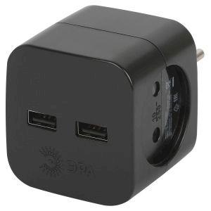 OEM Разветвитель электрический ЭРА SP-2-USB-B на 2 розетки 220V + 2xUSB 2400mA, без заземл 10А (черный) - фото 1 - id-p226164635
