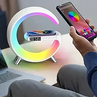 Многофункциональный Ночник RGB с беспроводной зарядкой Bluetooth колонкой часами и будильником, белый