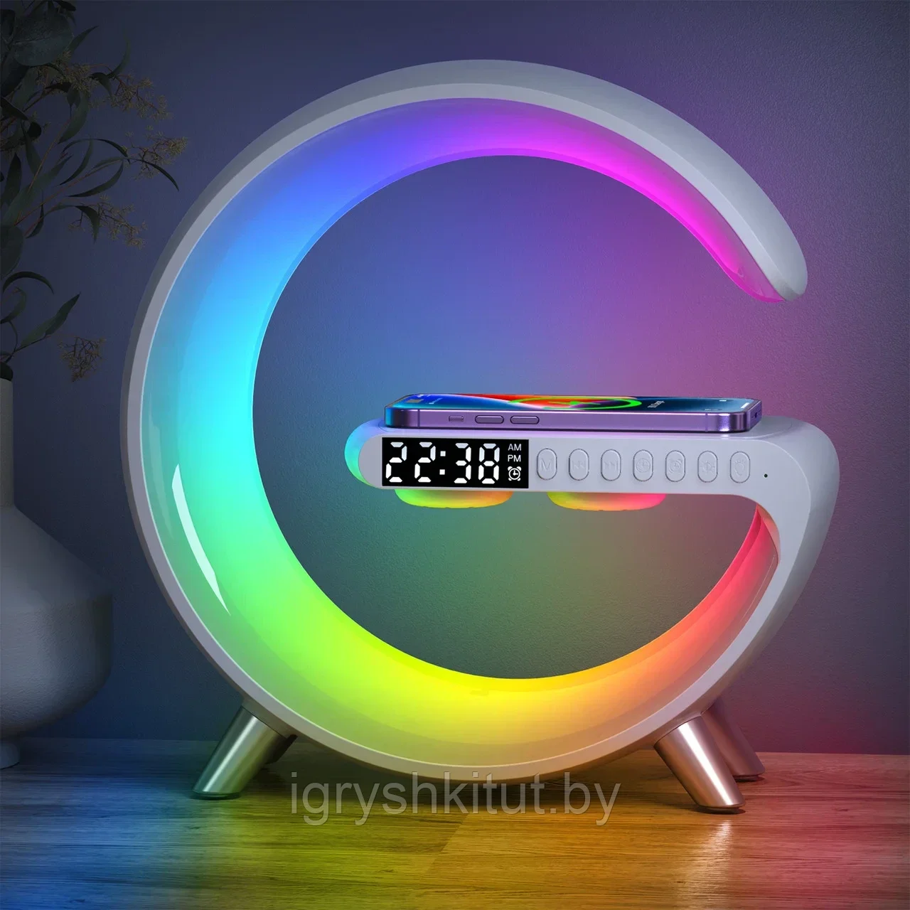 Многофункциональный Ночник RGB с беспроводной зарядкой Bluetooth колонкой часами и будильником, белый - фото 5 - id-p203755284
