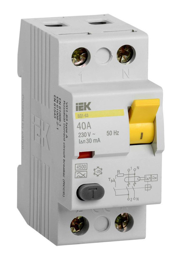 Выключатель дифф.тока УЗО IEK MDV10-2-040-030 ВД1-63 40A 30мА AC 2П 230В 2мод белый (упак.:1шт) - фото 1 - id-p226209478