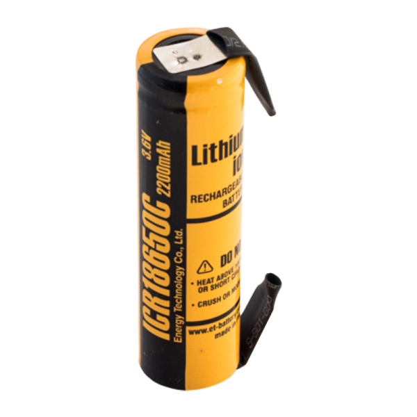 Аккумулятор 18650 2200mAh - ET ICR18650C-T с выводами, 3.7v, Li-Ion, плоский +, выводы приварены точ. сваркой - фото 1 - id-p55978454