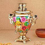 Набор «Цветы на золотом», жёлудь, 3 предмета, самовар 3 л, заварочный чайник 0,7 л, поднос, фото 3