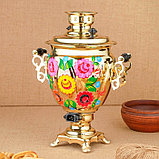 Набор «Цветы на золотом», жёлудь, 3 предмета, самовар 3 л, заварочный чайник 0,7 л, поднос, фото 4