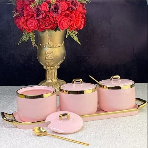 Набор из 3 банок 260 мл с ложками на подставке розового цвета Lenardi  106-183
