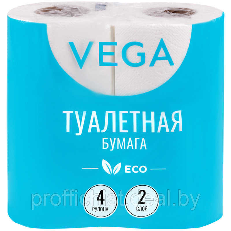 Бумага туалетная Vega 2-слойная, 4шт., эко, 15м, тиснение, белая ЦЕНА БЕЗ НДС!