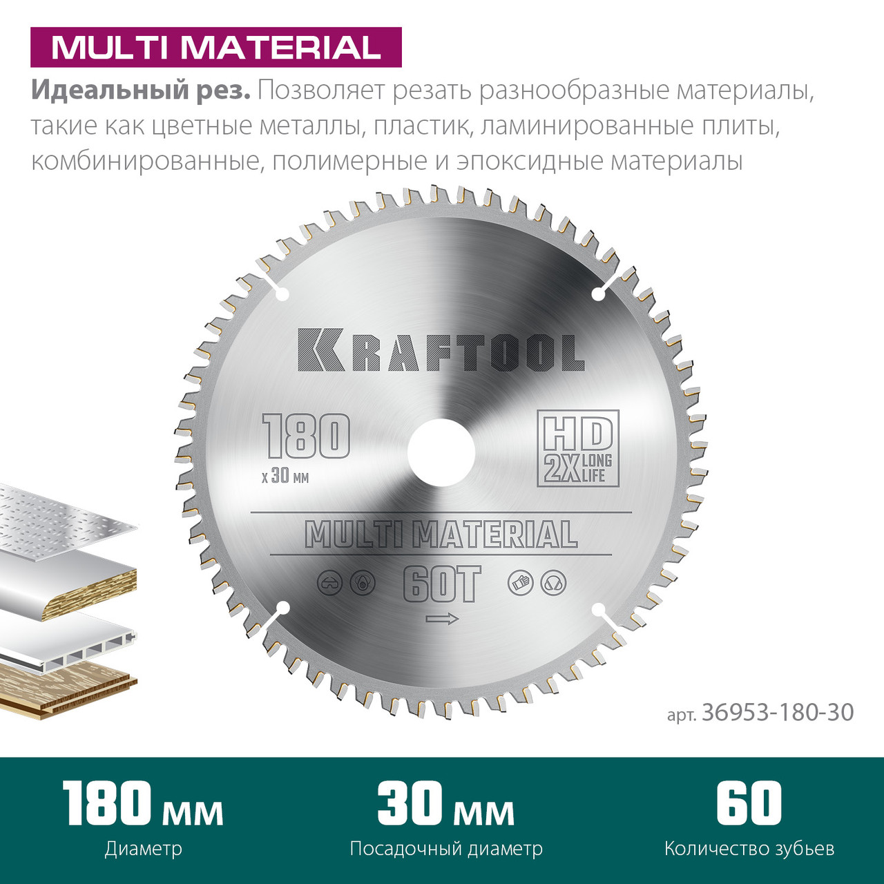 Kraftool Диск пильный 180х30х60Т по алюминию "Multi Material" (36953-180-30) KRAFTOOL - фото 4 - id-p226322300