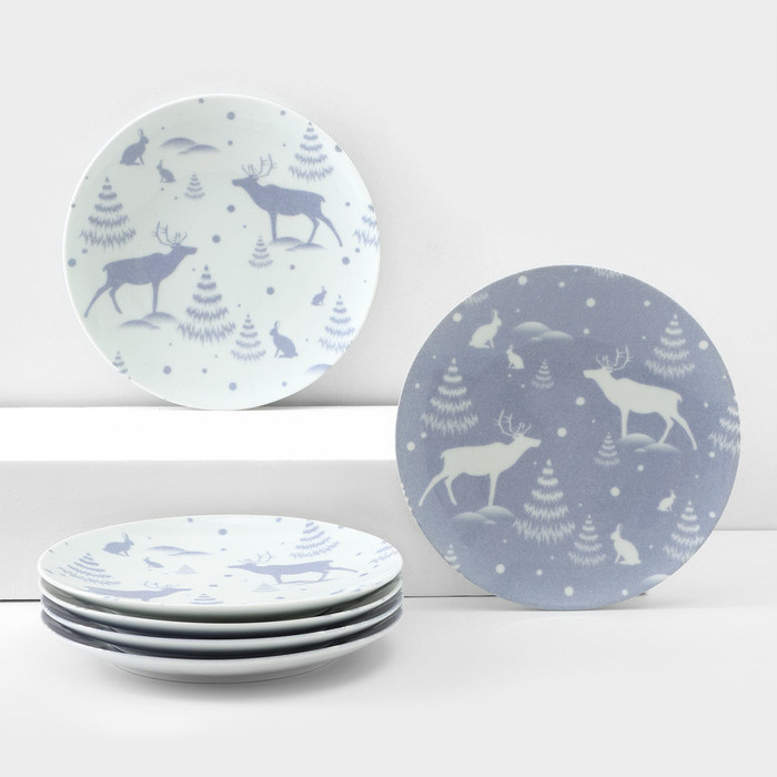 Набор фарфоровых тарелок «Зимний лес», 6 предметов, d=24 см, микс - фото 1 - id-p226331655