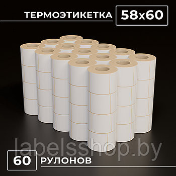 Термоэтикетки самоклеящиеся 58х60 мм, ЭКО, 60 рулонов в коробке, втулка 40 мм - 500 этикеток в ролике. (c НДС)