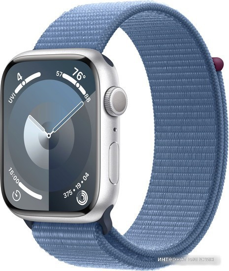 Умные часы Apple Watch Series 9 45 мм (алюминиевый корпус, серебристый/зимний синий, нейлоновый ремешок) - фото 1 - id-p226348231