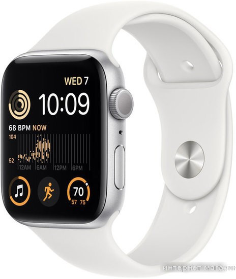 Умные часы Apple Watch SE 2 44 мм (алюминиевый корпус, серебристый/белый, спортивный силиконовый ремешок M/L) - фото 1 - id-p226348232