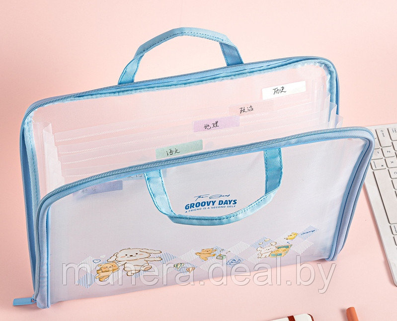 Папка-портфель детская пластиковая на молнии A4, на 7 отделений, голубой