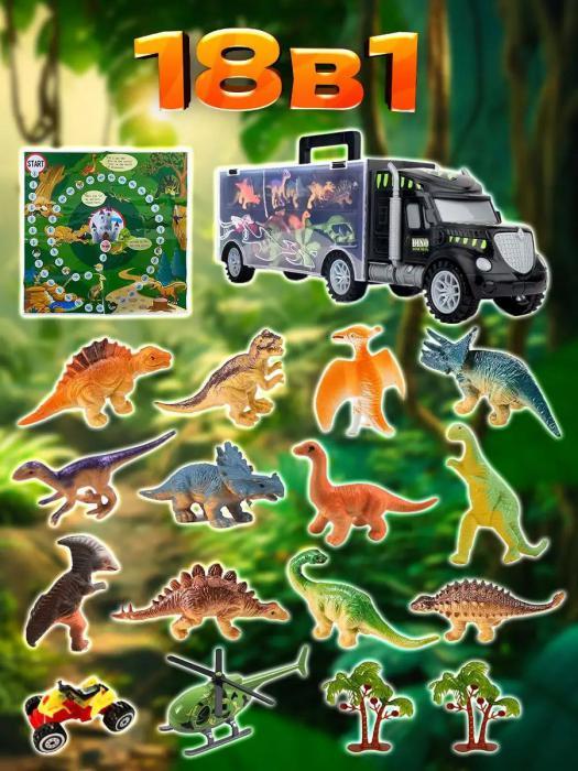 Грузовик с динозаврами машинка игровой набор фигурок Детский тягач резиновые игрушки Игрушечный трейлер фура - фото 6 - id-p226355897
