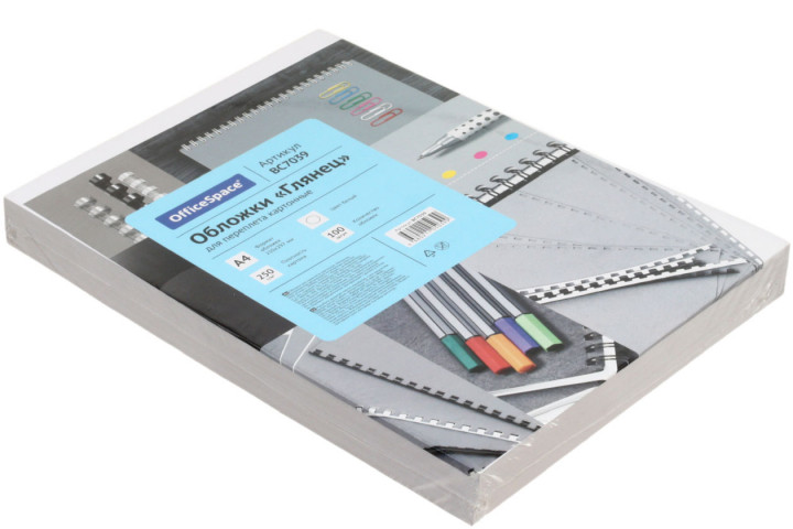 Обложки для переплета картонные глянцевые OfficeSpace А4, 100 шт., 250 г/м2, глянцевые белые - фото 1 - id-p226302703