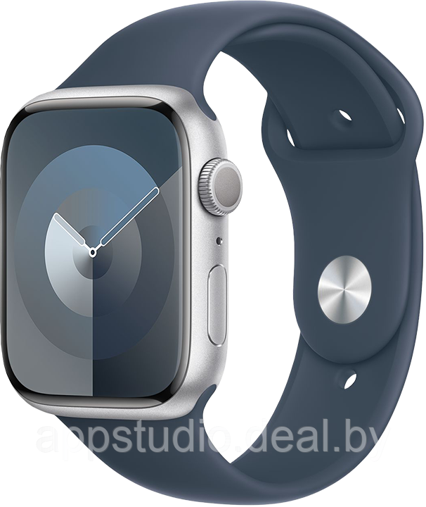 Apple Watch Series 9 45 мм (алюминиевый корпус, серебристый/штормовой синий спортивный силиконовый) MR9E3 - фото 1 - id-p226369918