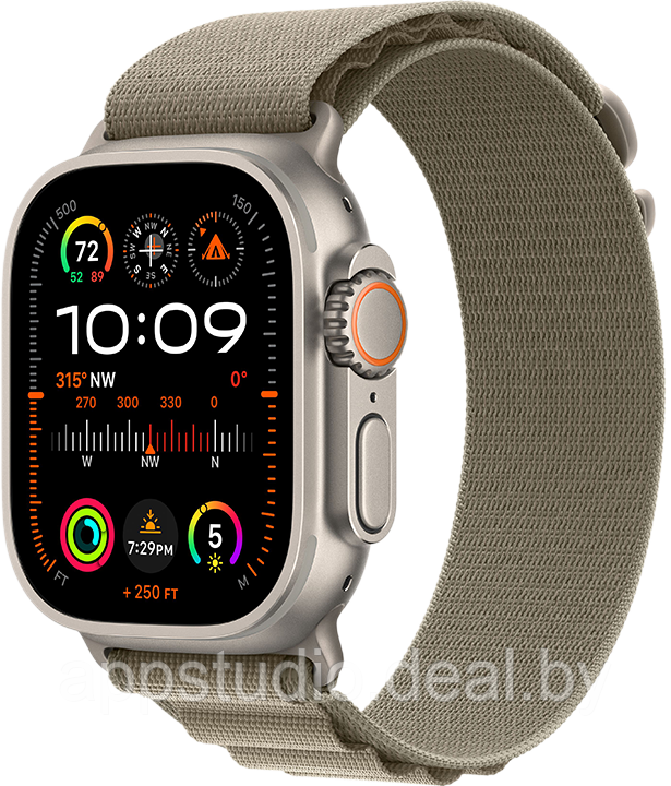 Apple Watch Ultra 2 LTE 49 мм (титановый корпус, титановый/оливковый, текстильный ремешок) MREY3 - фото 1 - id-p226369930