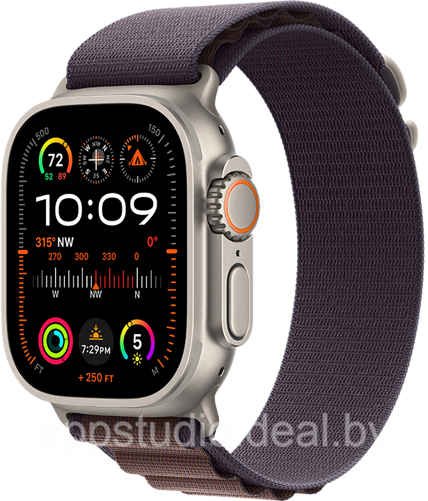 Apple Watch Ultra 2 LTE 49 мм (титановый корпус, титановый/индиго, текстильный ремешок) MRET3 - фото 1 - id-p226369932