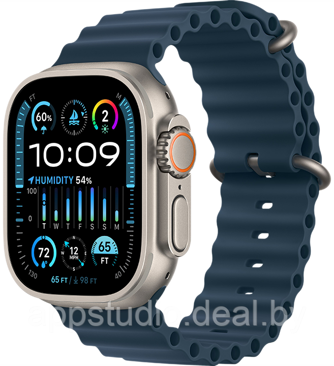 Apple Watch Ultra 2 LTE 49 мм (титановый корпус, титановый/синий, ремешок из эластомера) MREG3 - фото 1 - id-p226369934