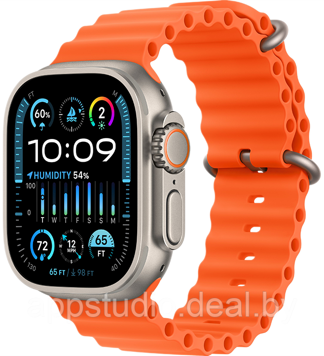 Apple Watch Ultra 2 LTE 49 мм (титановый корпус, титановый/оранжевый, ремешок из эластомера) MREH3 - фото 1 - id-p226369936