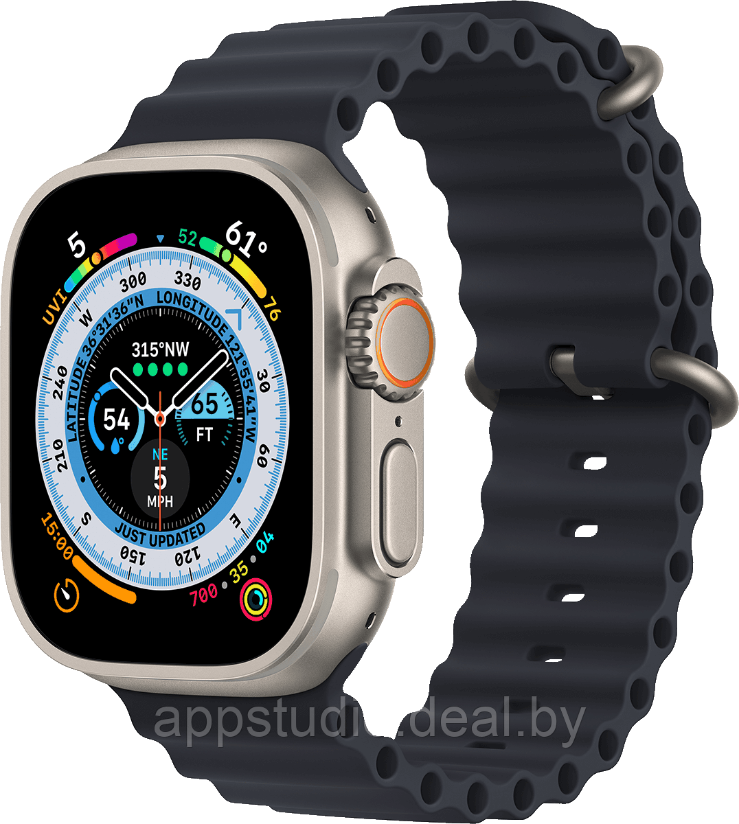 Умные часы Apple Watch Ultra LTE 49 мм (титановый корпус, титановый/темно-серый, ремешок из эластомера) - фото 1 - id-p226370015