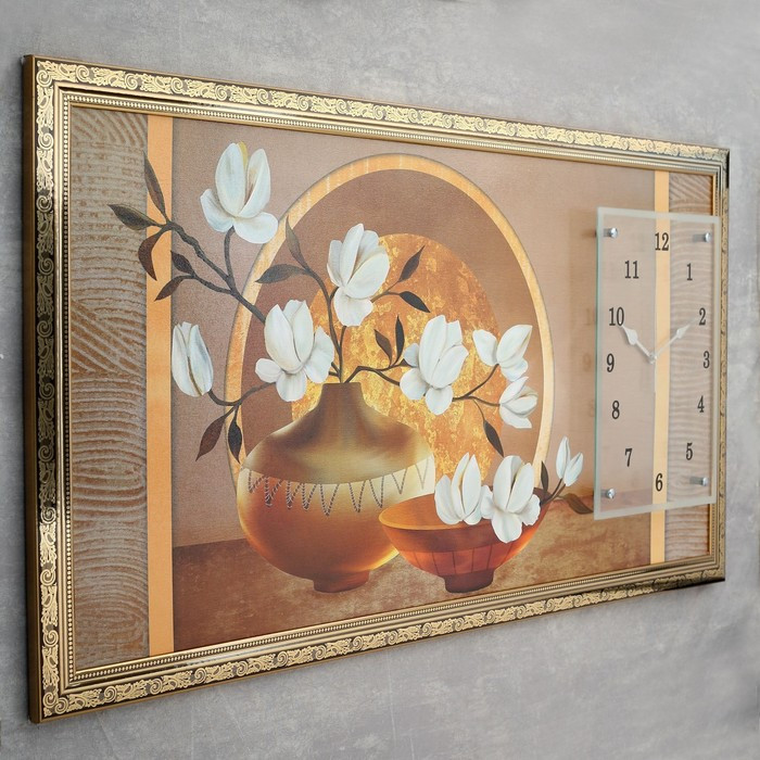Часы-картина настенные, серия: Цветы, "Две вазы с цветами", 50 х 100 см - фото 2 - id-p226374266