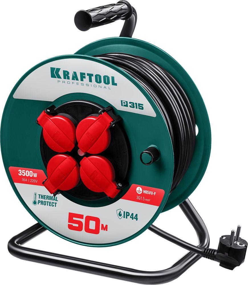 Kraftool Удлинитель на катушке 50м (ПВС 3х1.5мм2, 3.5кВт, IP44, 4 р., 220В, пласт. кат.)(55084-50) KRAFTOOL - фото 1 - id-p226321389