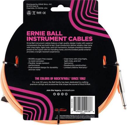 Гитарный кабель Ernie Ball P06084 6.3 мм - 6.3 мм (5.49 м, неоновый оранжевый), фото 2