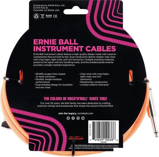 Гитарный кабель Ernie Ball P06084 6.3 мм - 6.3 мм (5.49 м, неоновый оранжевый) - фото 2 - id-p226143409