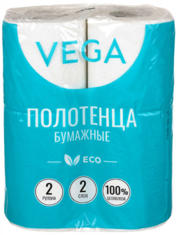 Полотенца бумажные Vega (в рулоне) 2 рулона, ширина 215 мм, белые - фото 1 - id-p226330314