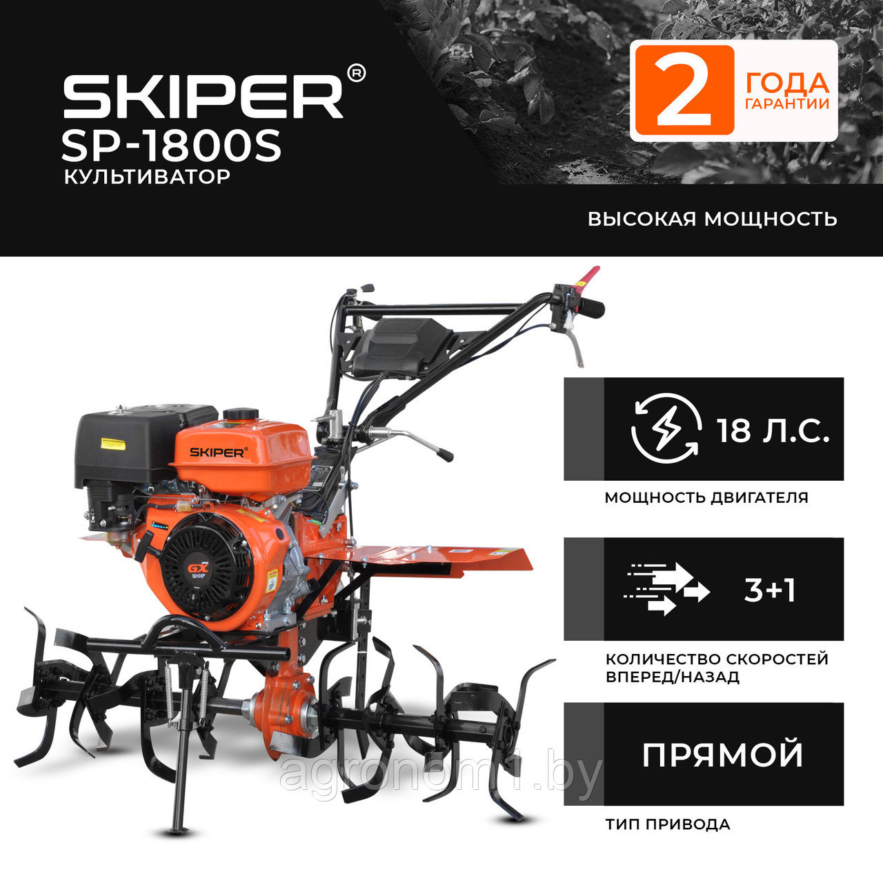 Культиватор SKIPER SP-1800S (18 л.с., без ВОМ, пон.передача, 3+1, 2 года гарантии, без колёс) - фото 1 - id-p180837208
