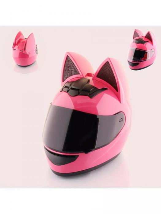 Шлем с ушками мотошлем женский мотоциклетный для девушек мотоцикла спортивный защитный котошлем розовый - фото 1 - id-p226449941