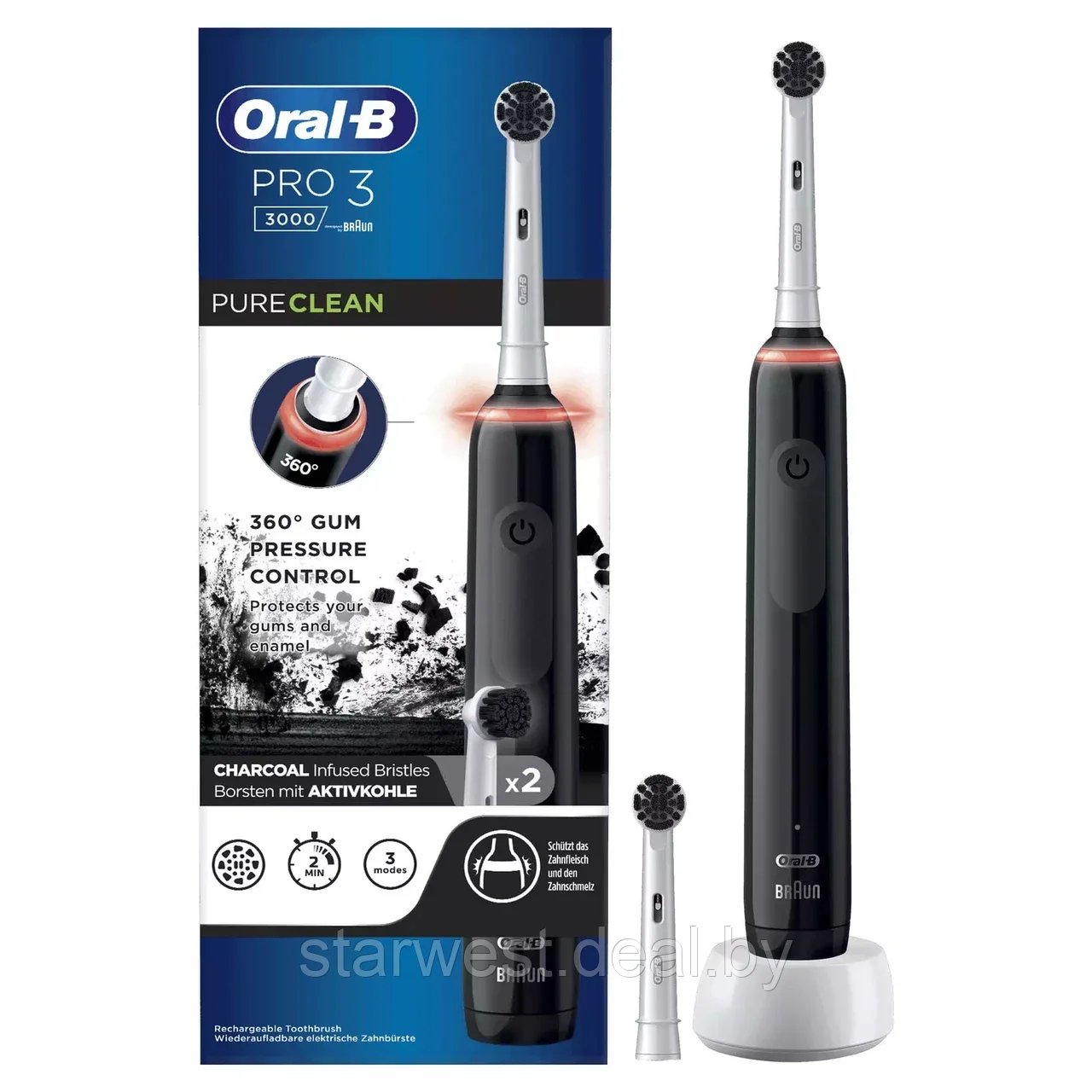 Oral-B Braun PRO 3 3000 Black Edition Pure Clean с 2 насадками Электрическая зубная щетка D505.523.3 - фото 1 - id-p226474309