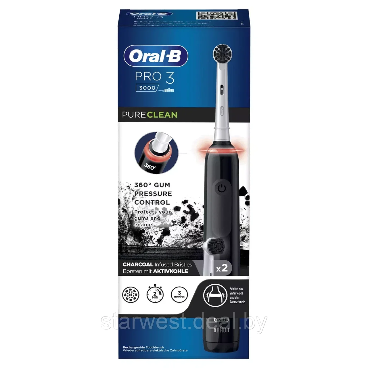 Oral-B Braun PRO 3 3000 Black Edition Pure Clean с 2 насадками Электрическая зубная щетка D505.523.3 - фото 2 - id-p226474309