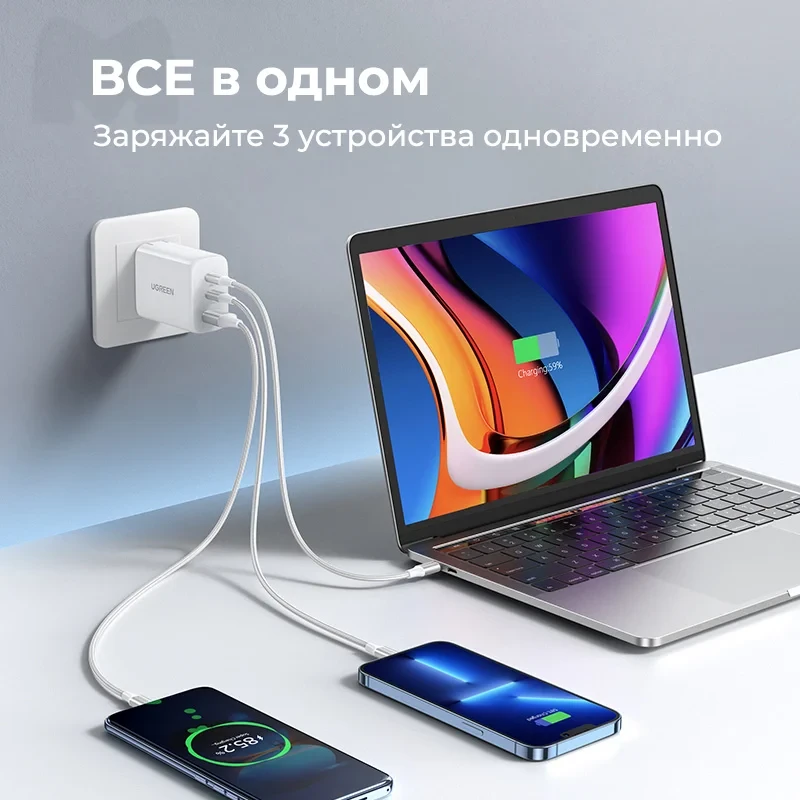 Сетевое зарядное устройство UGREEN CD275-90496, USB + 2 USB-C, QC3.0/4.0, PD 65W Быстрая зарядка, бе - фото 3 - id-p226407202