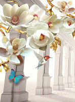Фотообои листовые ФабрикаФресок 3D Абстракция. Золотые Цветы. Бабочки и Колонны / 1022270