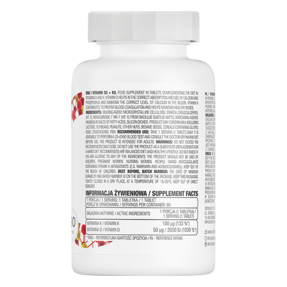 Витамины, минералы и жирные кислоты OstroVit Vitamin D3 + K2 90 таб - фото 2 - id-p226549821