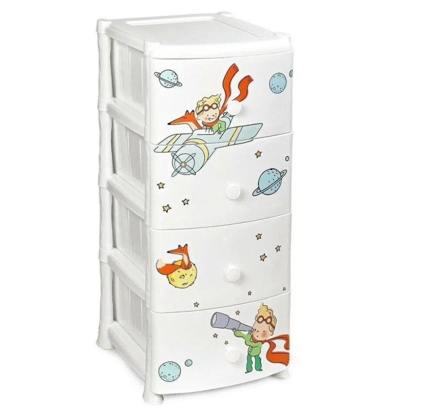 Детский комод пластиковый для игрушек одежды вещей мальчика узкий на 4 ящика VIOLET 352139 белый с рисунком